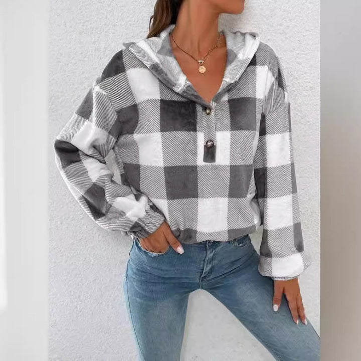 Damen Gemusterte Karo-Hoodie-Bluse Drune