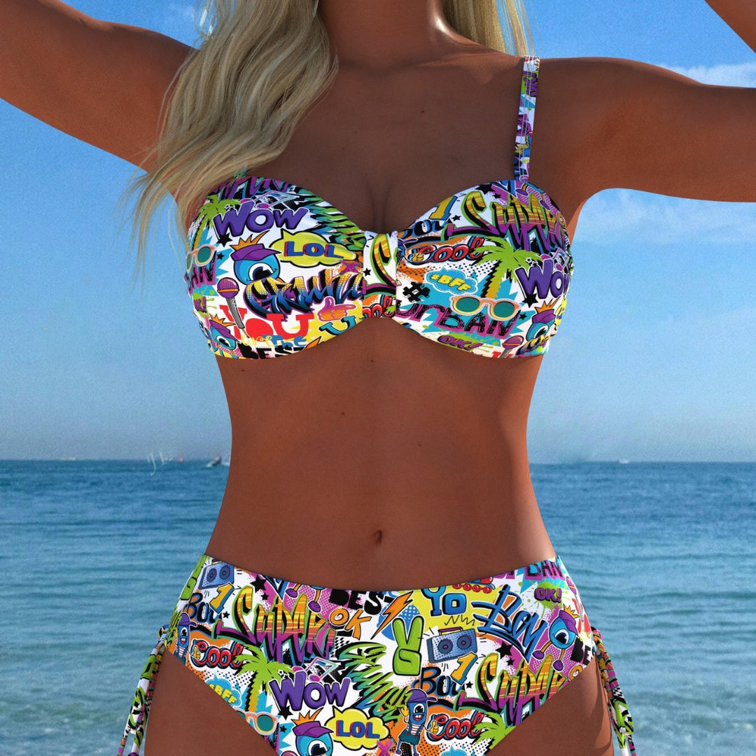 Damen Bandeau-Bikini mit hoch taillierten Höschen und lebhaftem Paisleymuster Drune