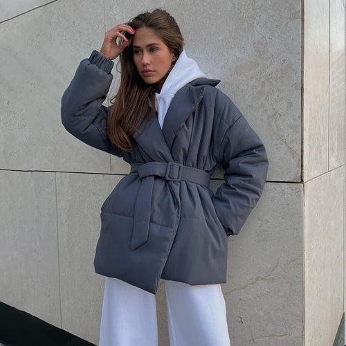 Damen modische Steppjacke mit Gürtel und elegantem Kragen Drune