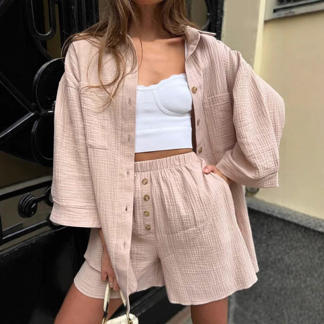 Damen nan lässiges Musselin-Zweiteiler Set mit Oversize-Hemd und elastischer Highwaist-Shorts Drune