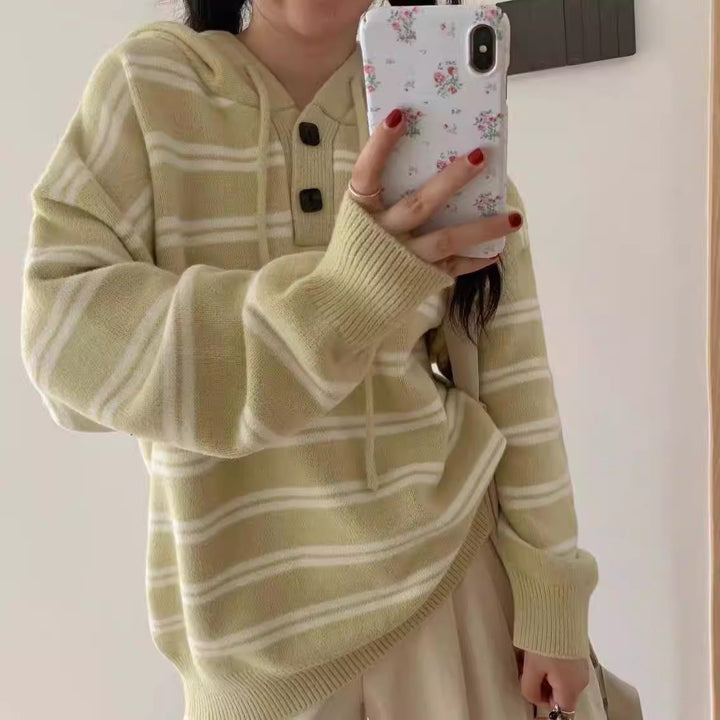 Damen lässiger Streifenpullover mit Knopfleiste und Kapuze Drune