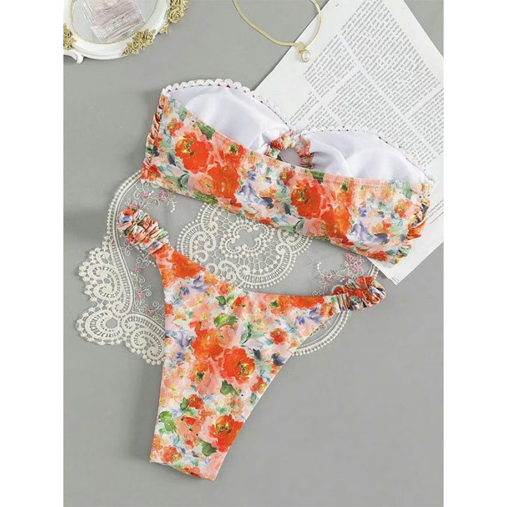 Damen Bandeau-Bikini mit romantischem Rüschendesign und verführerischem Blumenmuster Drune