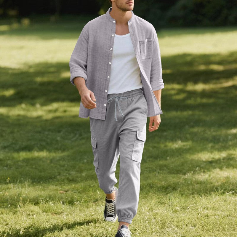 Herren entspannte Cargo-Hose und lässiges Hemd Set Drune
