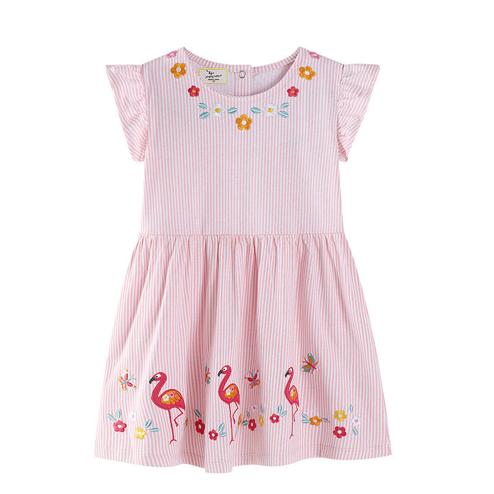 Mädchen Sommerkleid mit floralem Design und verspielten Flamingo-Applikationen Drune