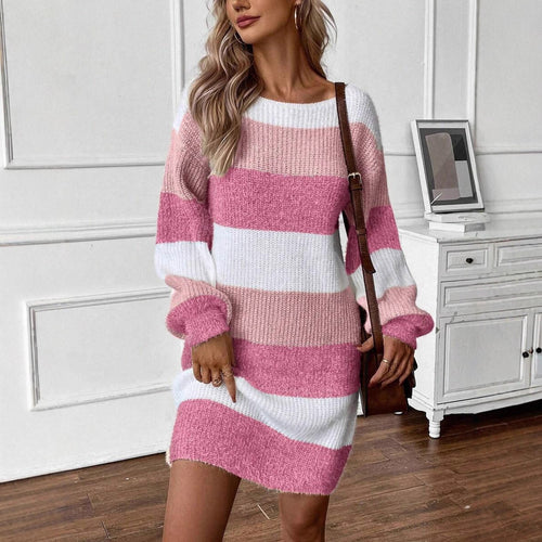 Damen Gemütlicher Strickkleid mit modischem Streifenmuster Drune
