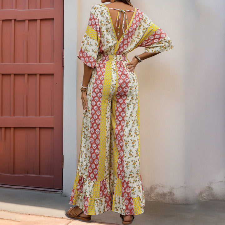 Damen lässiger Jumpsuit mit floralem Muster und weiten Beinen Drune