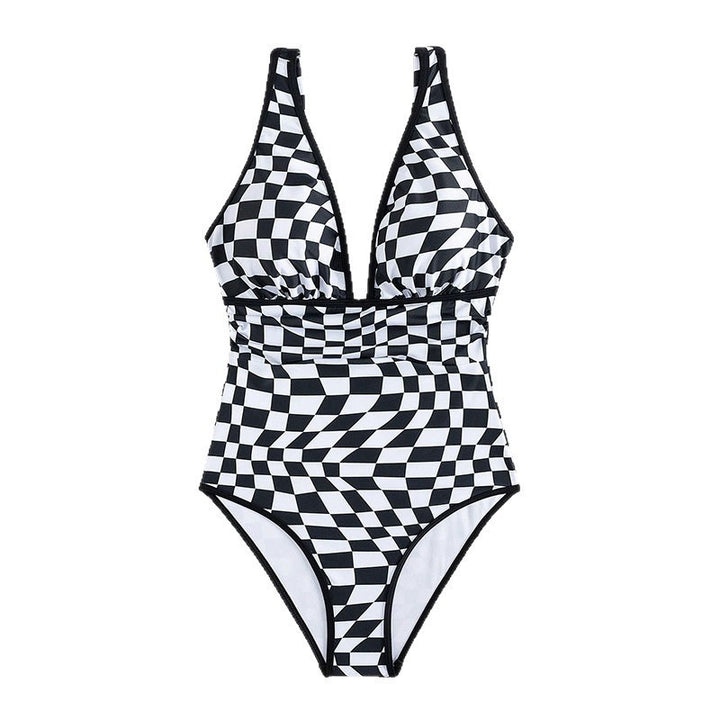 Damen Einteiler Badeanzug mit aufregendem Schachbrettmuster und figurbetonendem Design Drune