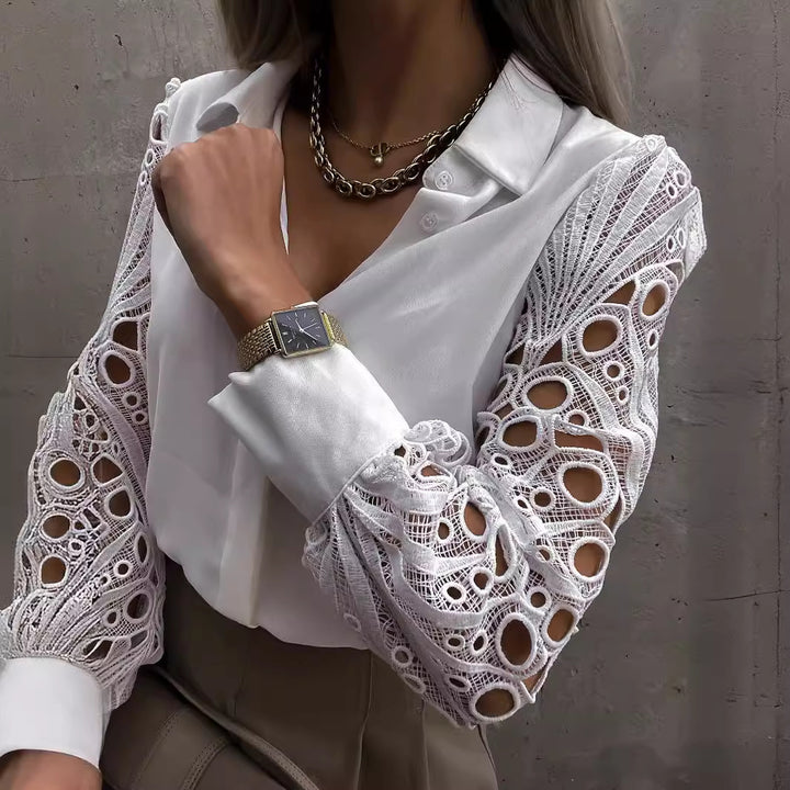 Damen Bluse mit voluminösen Spitzenärmel und elegantem Kragen Drune
