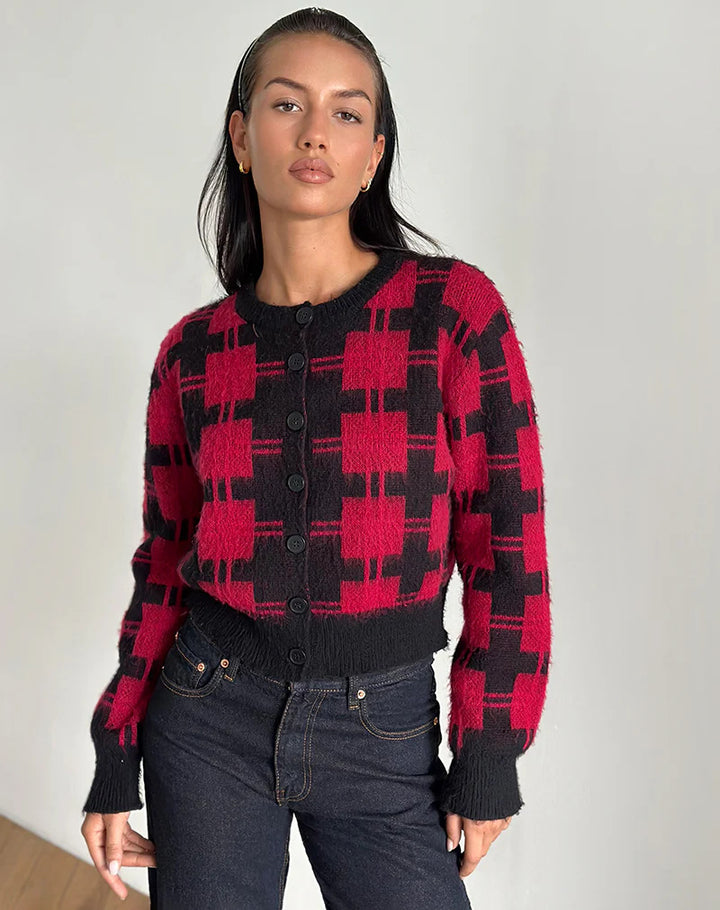 Damen cropped Strickjacke mit modernem Karomuster und knöpfbarem Design Drune