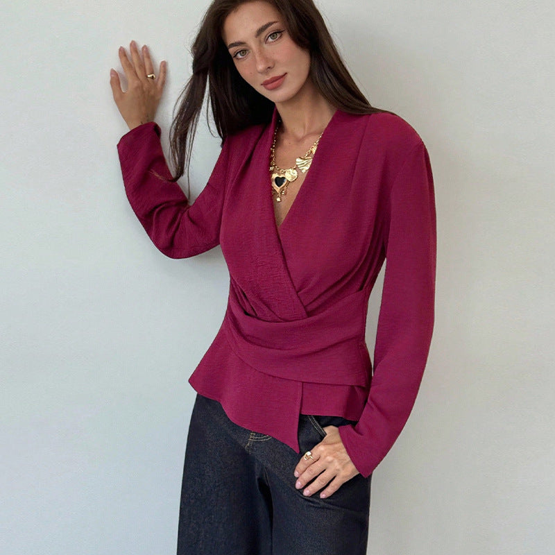 Damen elegantes Wickeloberteil mit asymmetrischem Saum Drune