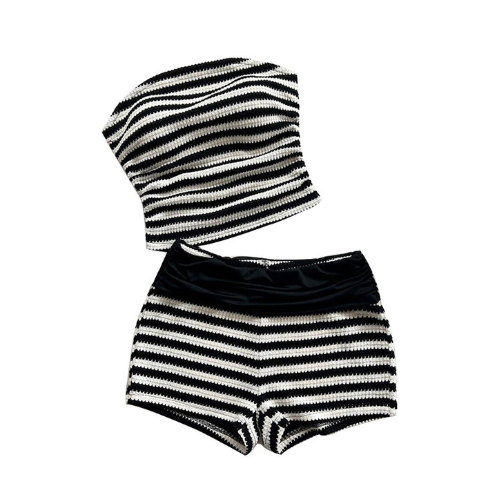 Damen Cropped Bikini-Set mit gestreiftem Design und hohem Bund Drune