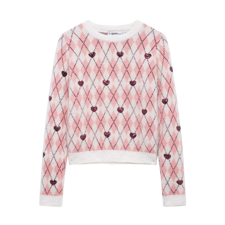 Damen Pullover mit herzförmigem Pattern und Glitzerelementen Drune