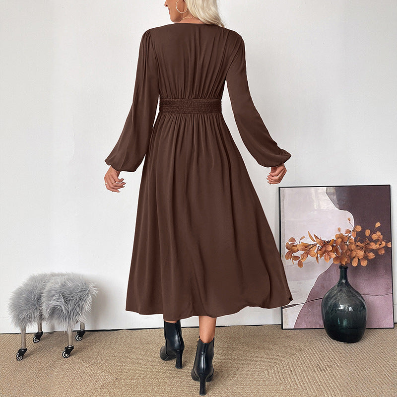 Damen Maxi-Kleid mit V-Ausschnitt und Ballonärmeln Drune
