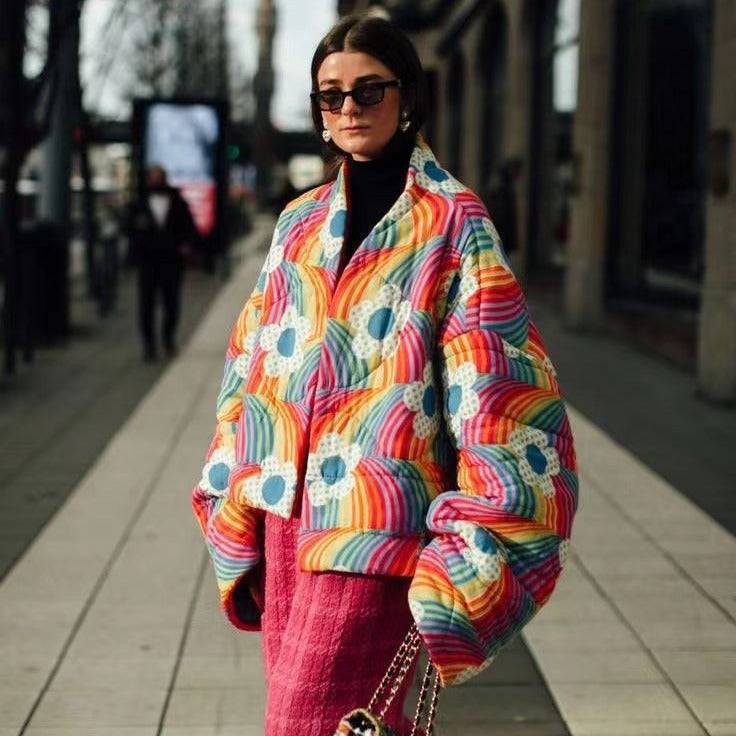Damen gesteppten OverGrößed-Jacke mit buntem Blüten-Design und großzügigen Taschen Drune