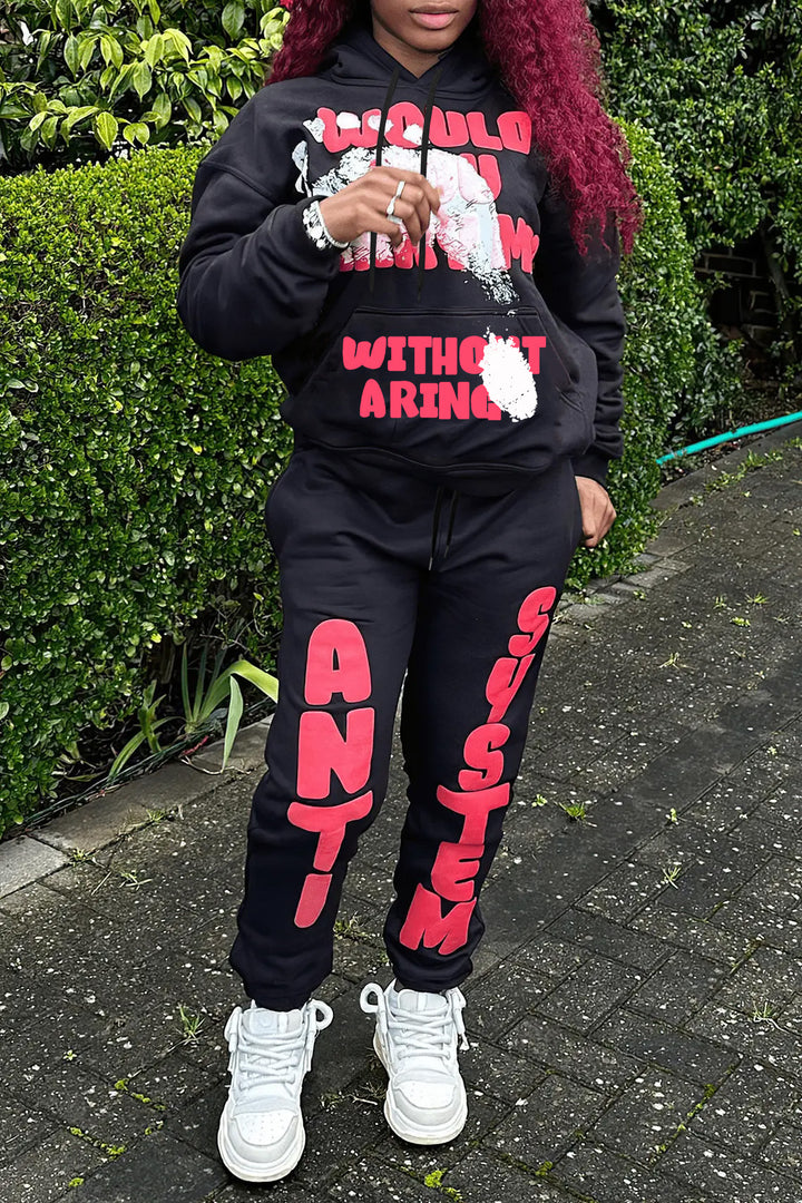 Damen Hoodie- und Jogginghose-Set mit auffälligem Schriftzug und gemütlichem Schnitt Drune
