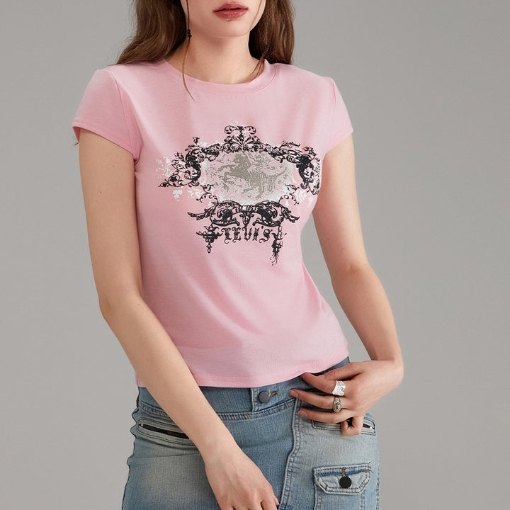 Damen lässiges Grafik-Crop-Top mit Rundhals-Ausschnitt Drune