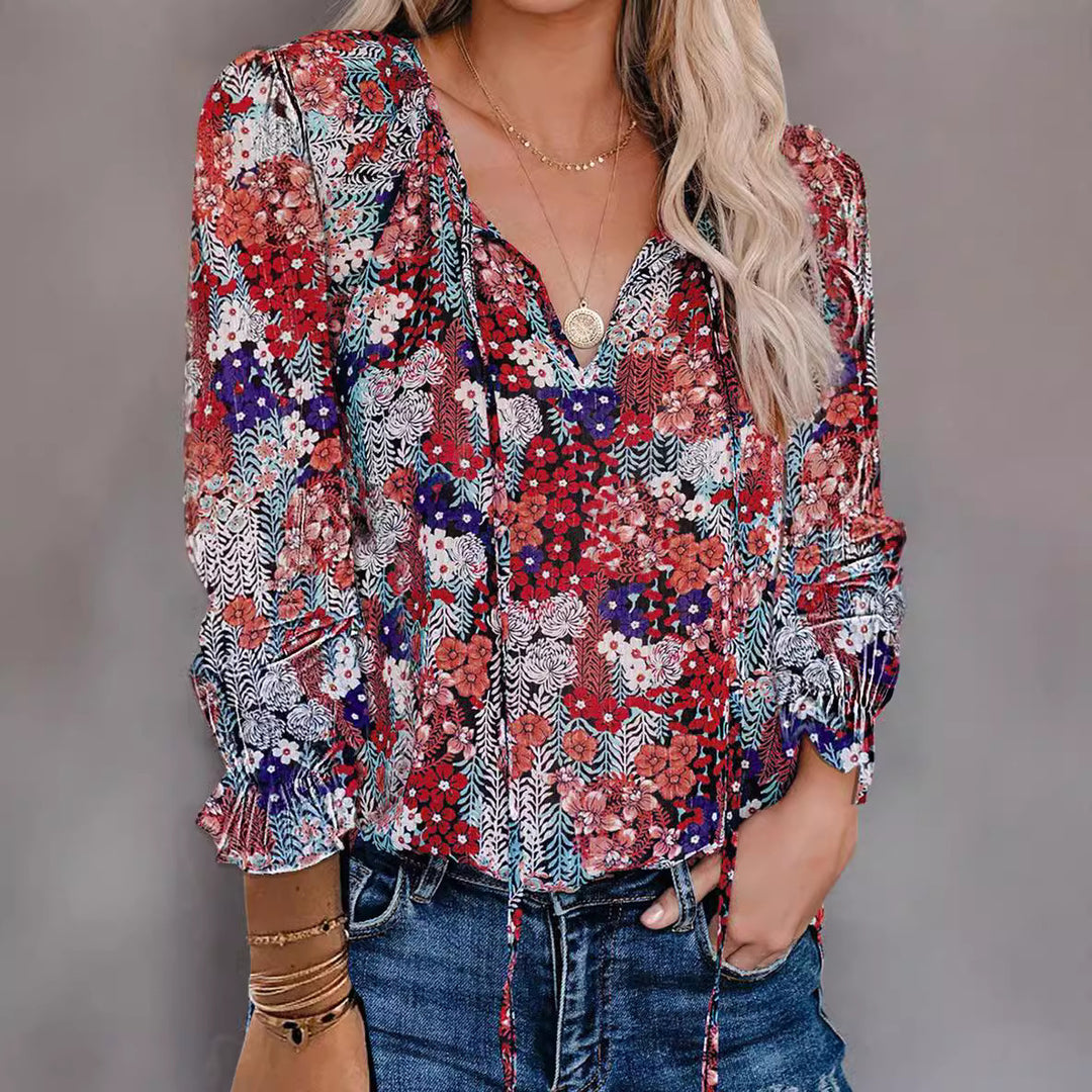 Damen Bluse mit V-Ausschnitt und Rüschendetails Drune