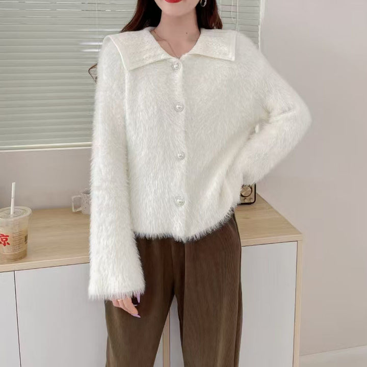 Damen Flauschige Strickjacke mit dekorativem Kragen Drune