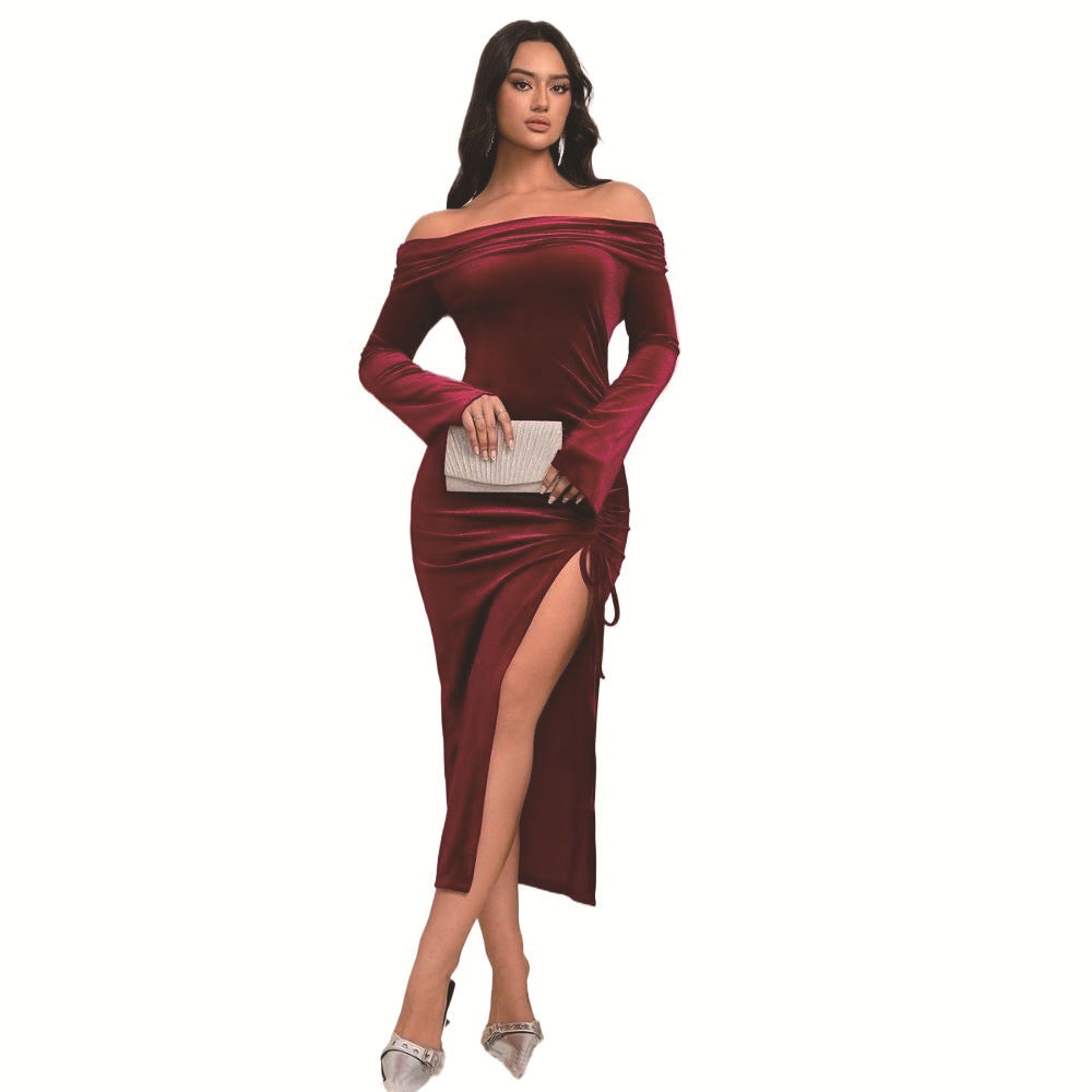 Damen Off-Shoulder Maxikleid mit seitlichem Schlitz und luxuriösen Rüschendetails Drune
