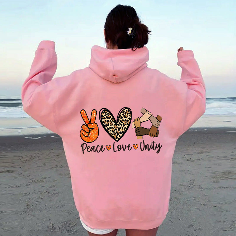 Damen Kapuzenpullover mit hochwertigem Peace-Love-Unity-Design Drune