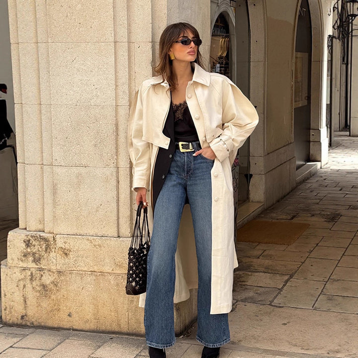 Damen Langer Trenchcoat mit breitem Kragen und taillierbarem Gürtel Drune