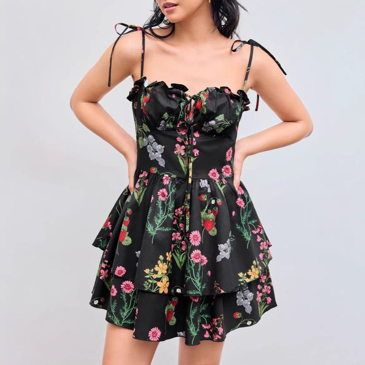 Damen Minikleid mit Blumenmuster und bordeauxfarbenem Unterrock Drune