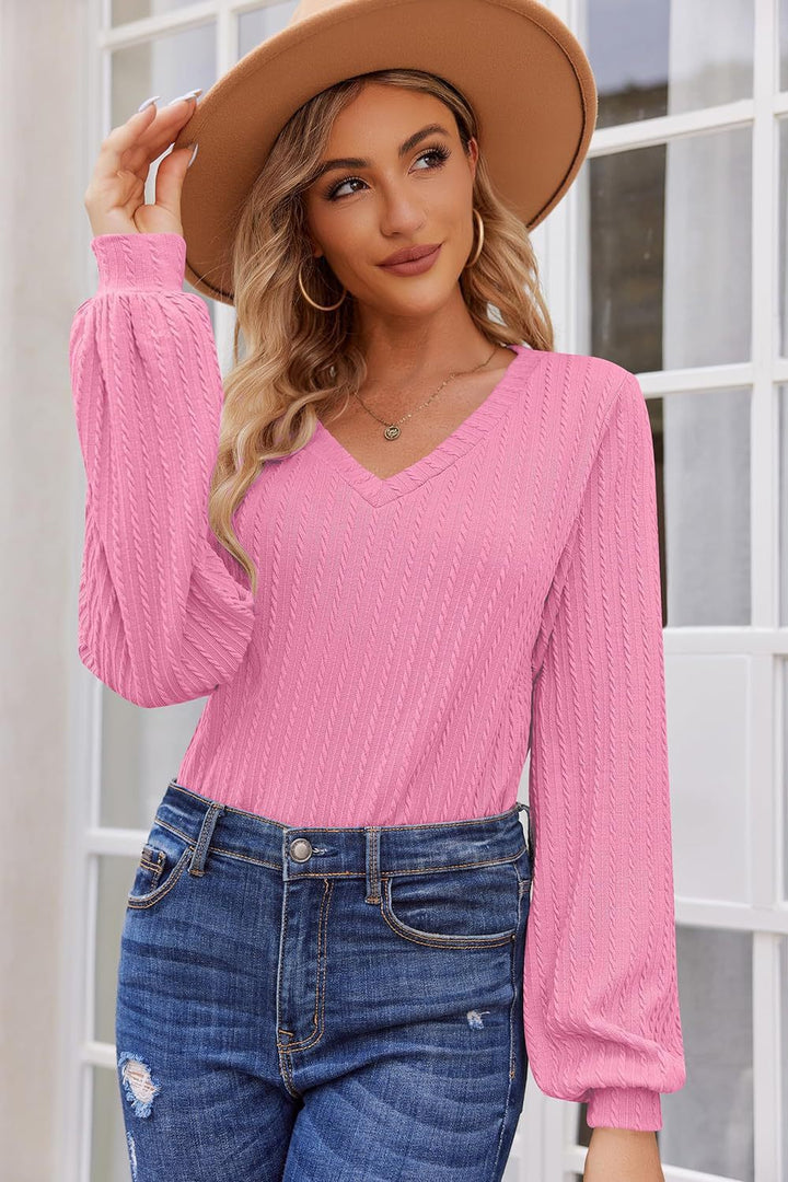 Damen Strickbluse mit feiner Rippstruktur und lässigem V-Ausschnitt Drune