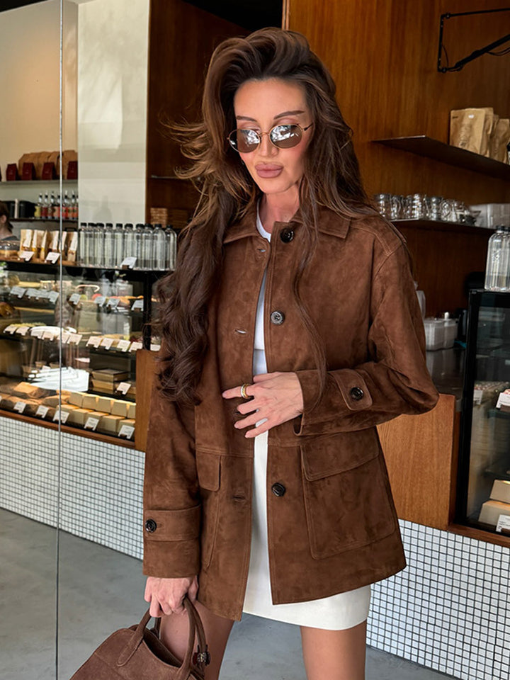 Damen hochwertige Suede Jacke mit praktischen Taschen und klassischem Kragen Drune