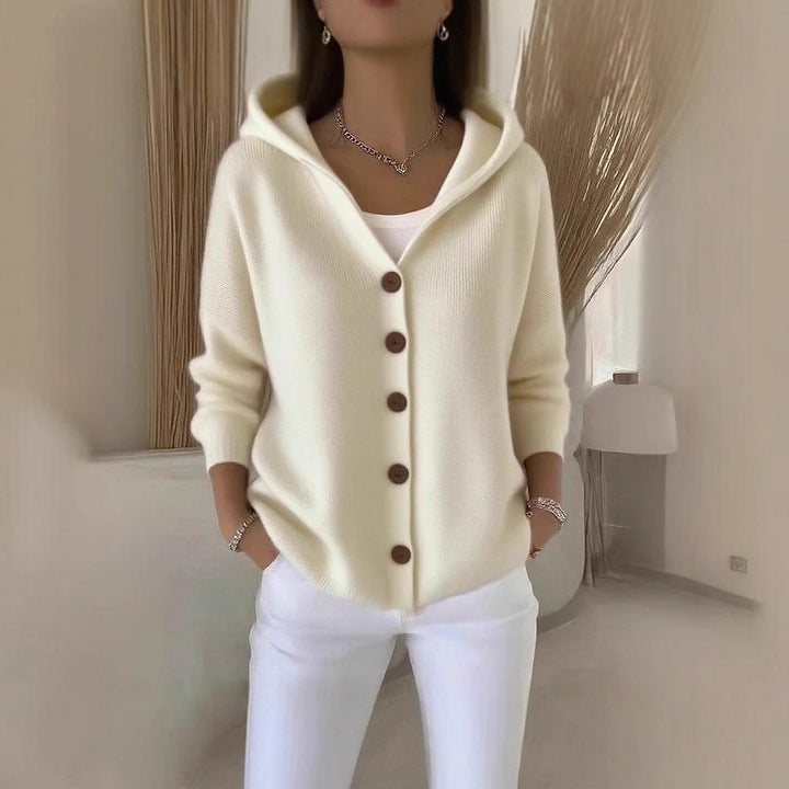 Damen Kapuzenstrickjacke mit Praktischen Knopfdetails und Lässigem Schnitt Drune