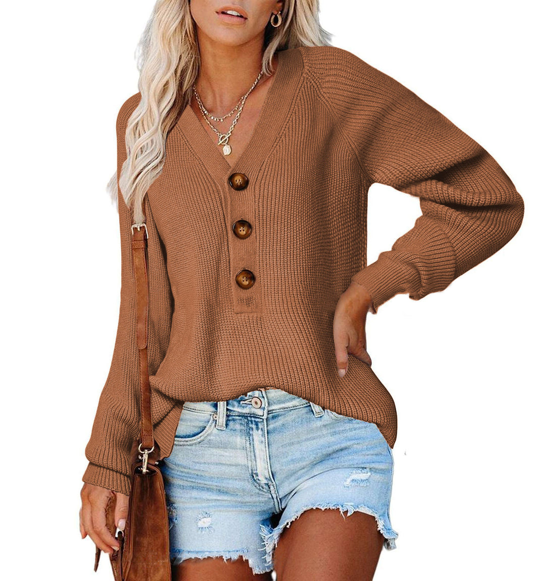 Damen lässiger Strickpullover mit Knopfdetail und V-Ausschnitt Drune