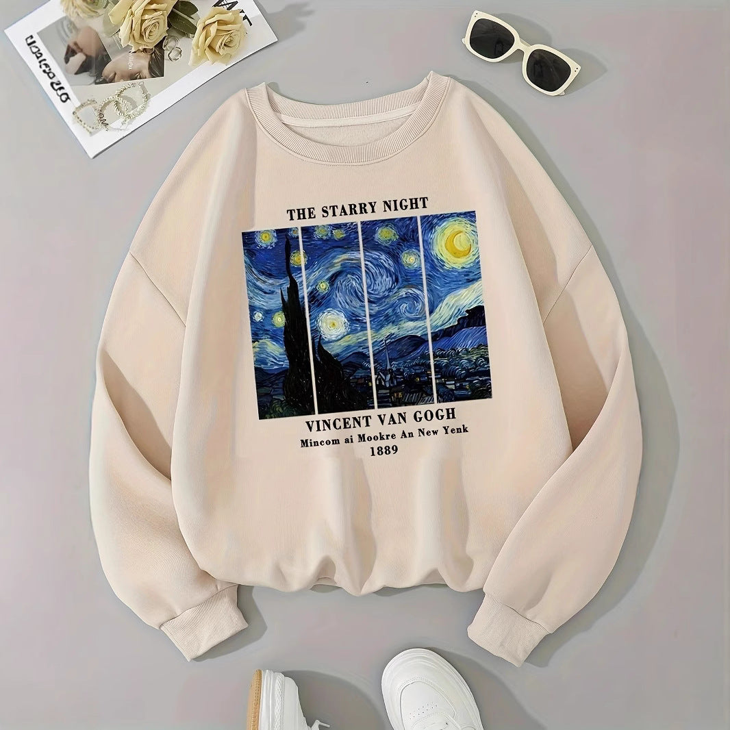 Damen Sweatshirt mit künstlerischem Van Gogh Motiv und modernem Druck Drune