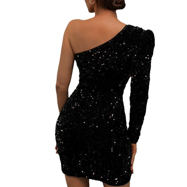 Damen Glamouröses Pailletten-Minikleid mit asymmetrischem Ausschnitt und figurbetontem Schnitt Drune