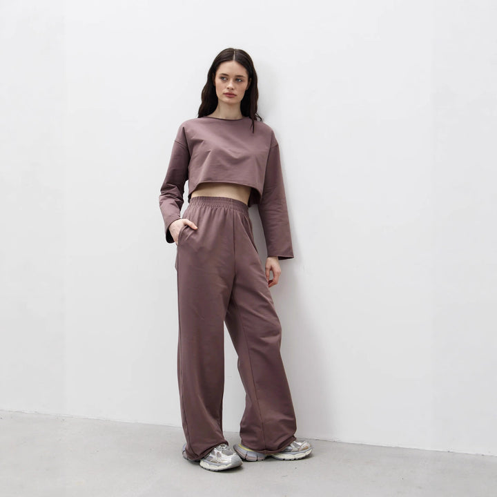 Damen Komfortables Cropped Sweatshirt und Weite Jogginghose Set Drune