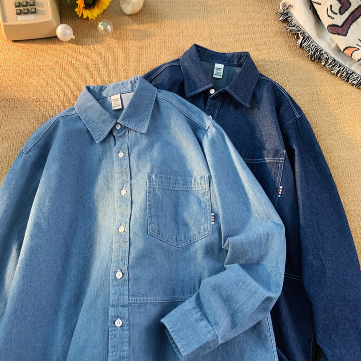 Herren Denim Longsleeve Hemd mit klassischem Button-Down-Kragen Drune