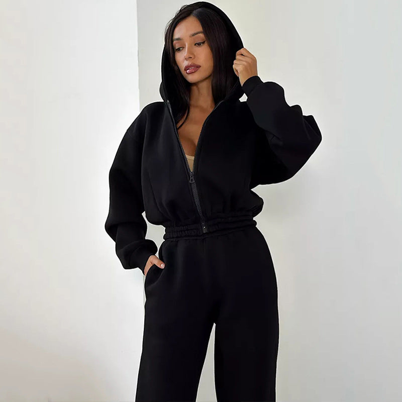 Damen Sportlicher Fleece-Jumpsuit mit Kapuze und weitem Schnitt Drune