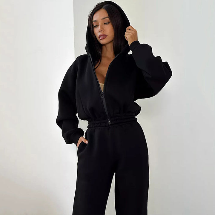 Damen Sportlicher Fleece-Jumpsuit mit Kapuze und weitem Schnitt Drune