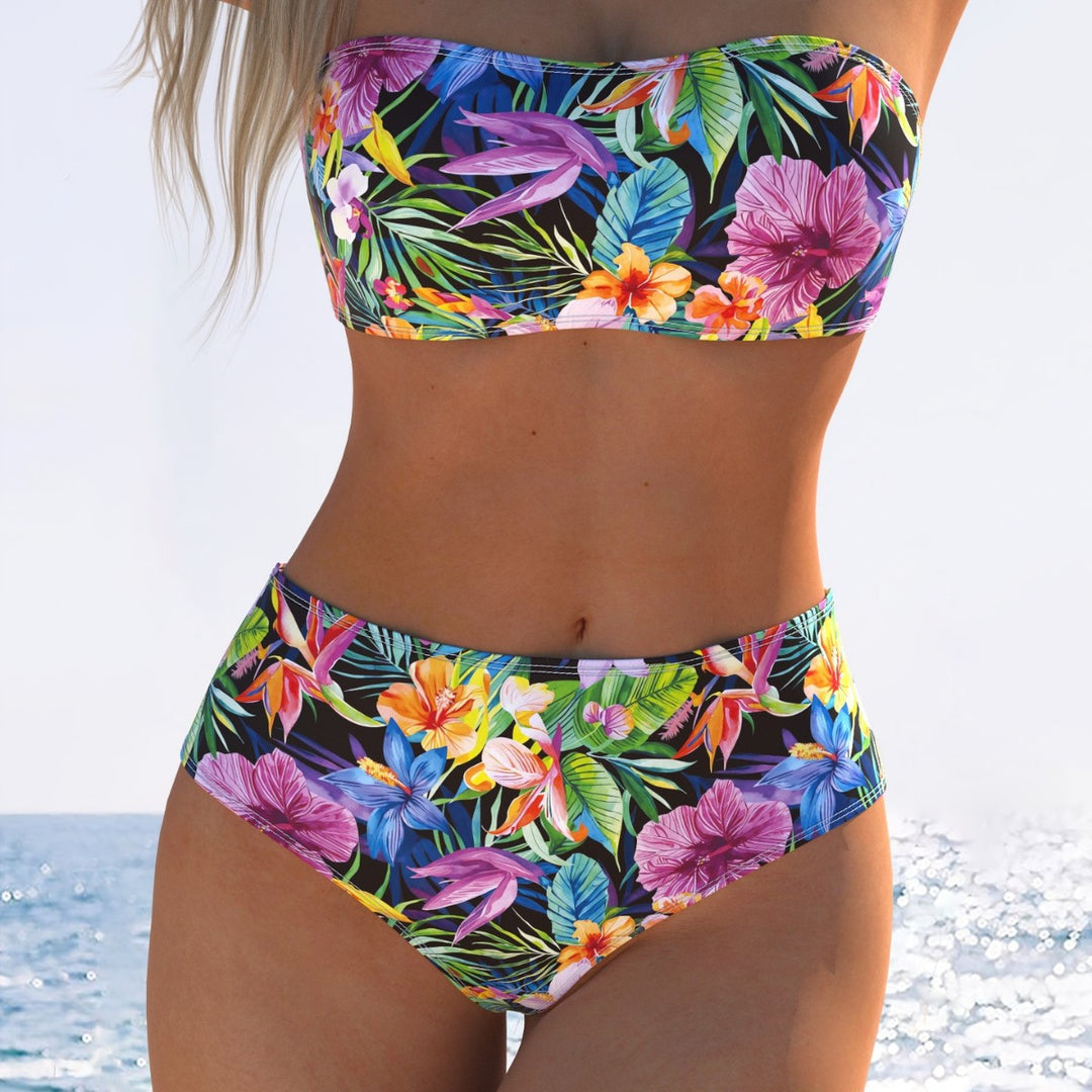 Damen Bandeau-Bikini mit hohem Taillenschnitt und buntem Tropenmotiv Drune