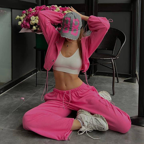 Damen Sportlicher Freizeit-Anzug mit Kapuze und weiten Hosen Drune