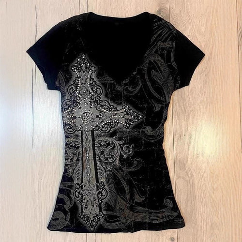 Damen T-Shirt mit aufwendigem Kreuz-Design und Strass-Akzenten Drune
