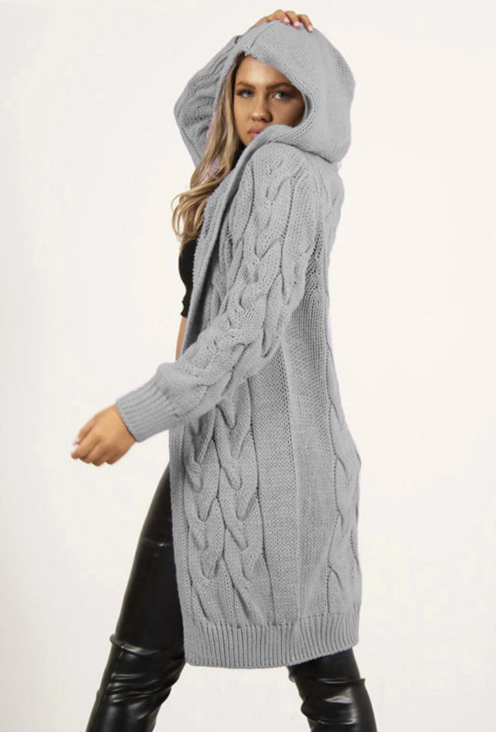 Damen Strickmantel mit Kapuze und Zopfmuster Drune