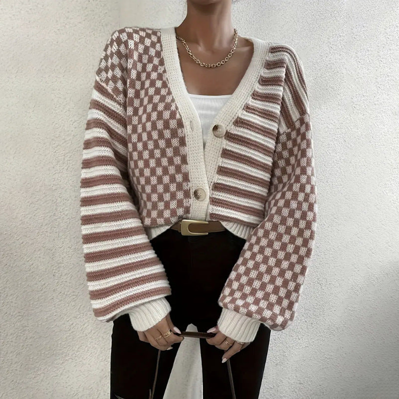 Damen Kuschelige Strickjacke mit kariertem Design und breiten Ärmeln Drune