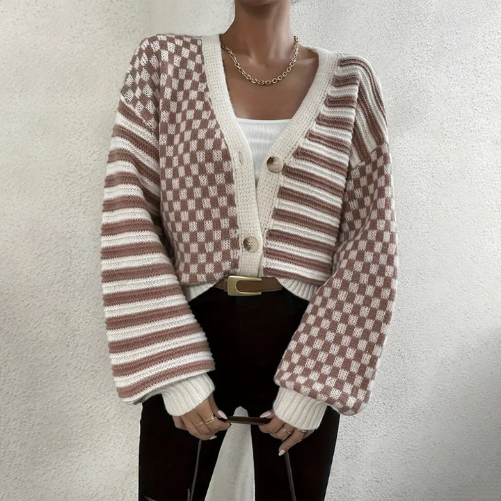 Damen Kuschelige Strickjacke mit kariertem Design und breiten Ärmeln Drune