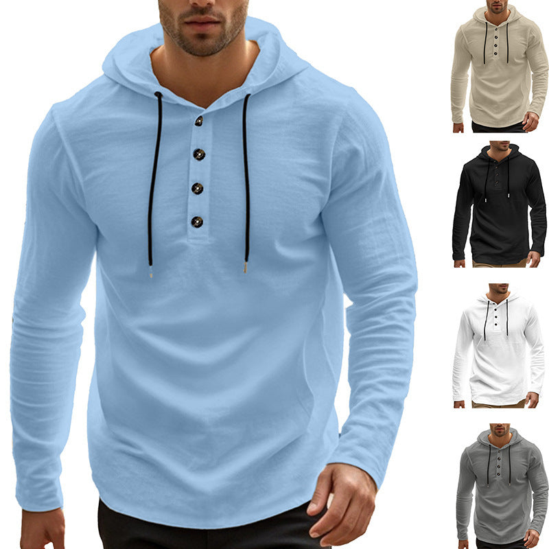 Herren nan athletisches Henley-Kapuzensweatshirt mit verlängerter Knopfleiste und Kordelzug Drune