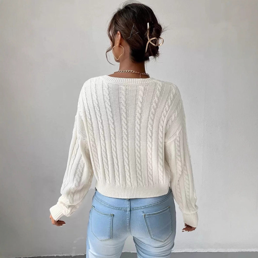 Damen Eleganter V-Ausschnitt Strickpullover mit strukturiertem Zopfmuster Drune