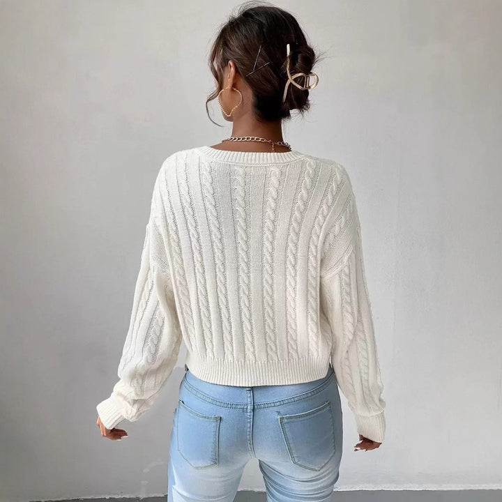 Damen Eleganter V-Ausschnitt Strickpullover mit strukturiertem Zopfmuster Drune