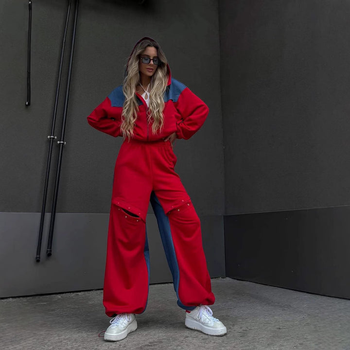 Damen lässiges sportliches Set mit weiten Hosen und Reihe von besonderen Details Drune