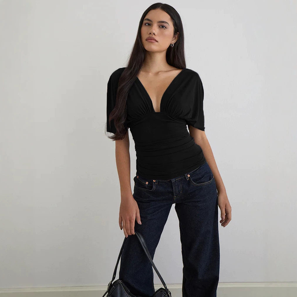 Damen Elegantes Oberteil mit tiefem V-Ausschnitt und lässigem Drapierungsdesign Drune