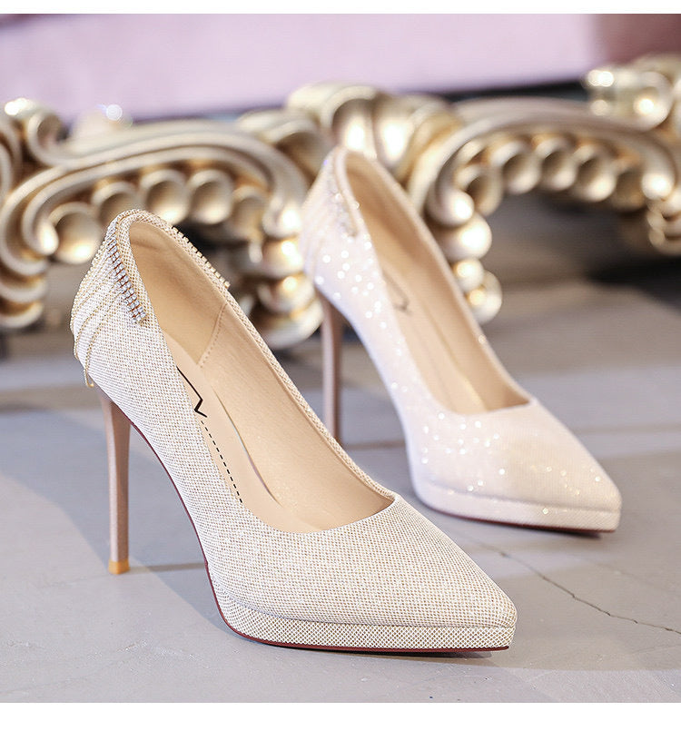 Damen nan elegante Abend-Pumps mit feinem Glitzermesh, spitzer Zehenpartie, filigranem Stilettoabsatz und dekorativer Fersenapplikation Drune