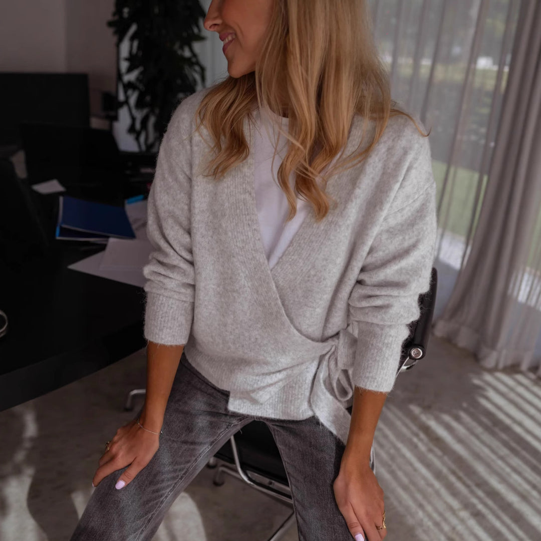 Damen Wickelstrickjacke mit dekorativem Bindegürtel und lässigem Schnitt Drune