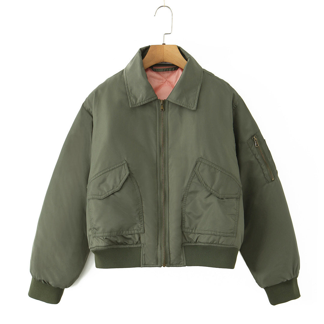 Damen modische Bomberjacke mit doppelten Taschen und weichem Futter Drune